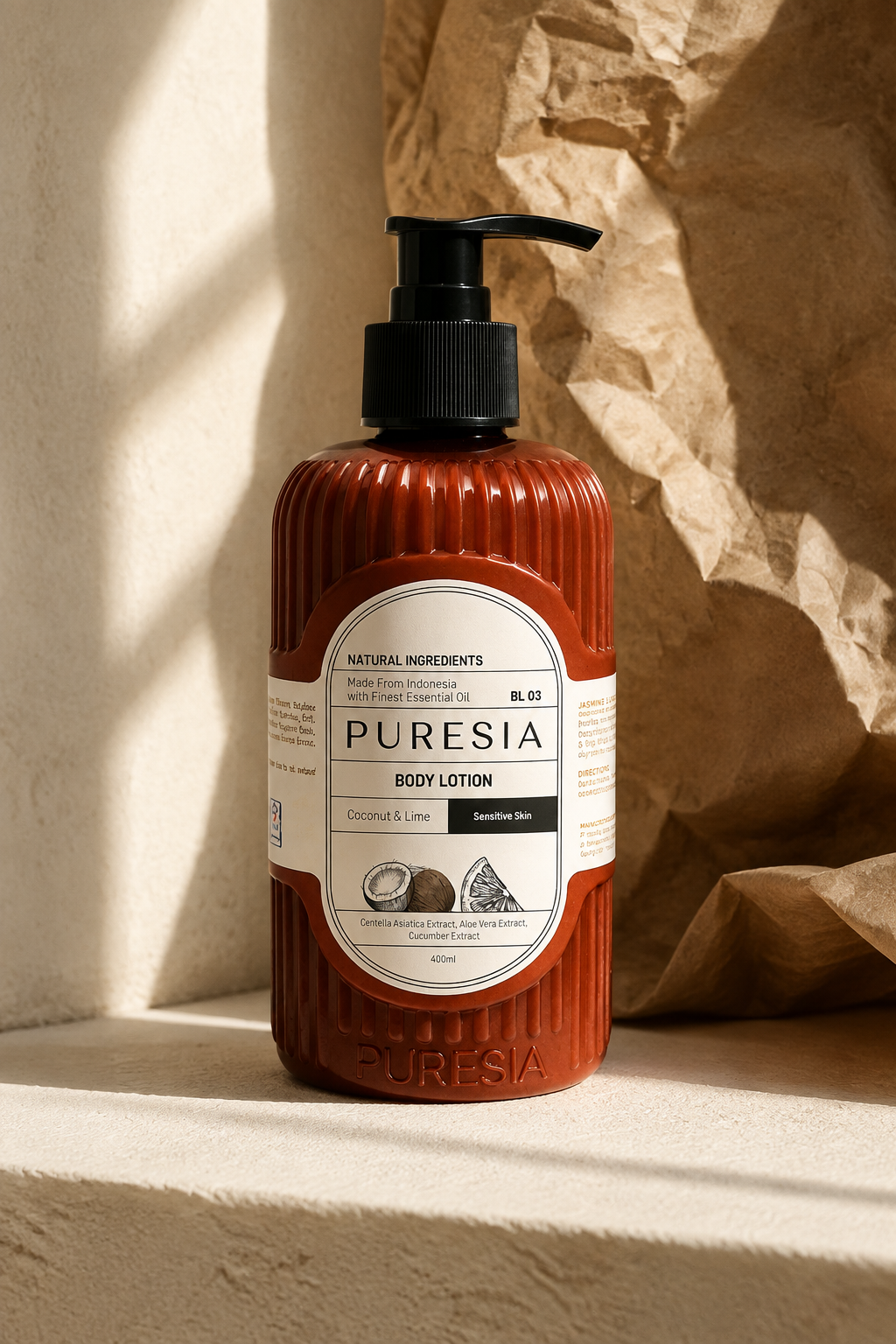 A PURESIA recycled-plastic body lotion bottle against kraft paper