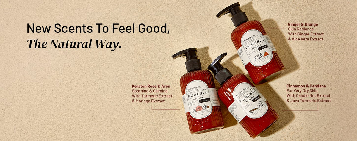 New PURESIA body lotion scents: Keraton Rose & Aren, Cinnamon & Cendana, Ginger & Orange