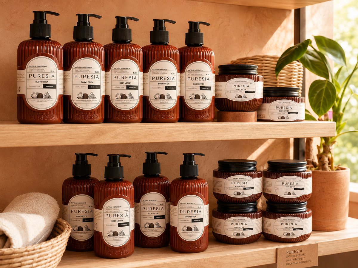 PURESIA bottles and jars on timber shelving in a warm boutique interior