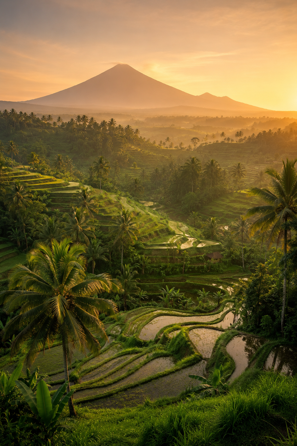 Terraced Indonesian rice fields at golden hour