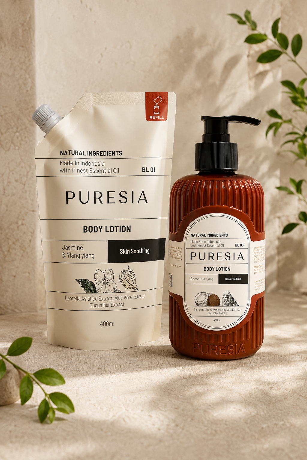 A PURESIA refill pouch beside a body lotion bottle