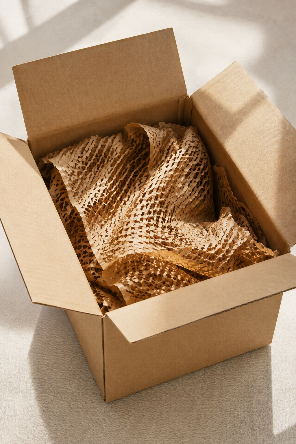 A recycled kraft shipping box filled with honeycomb packing paper