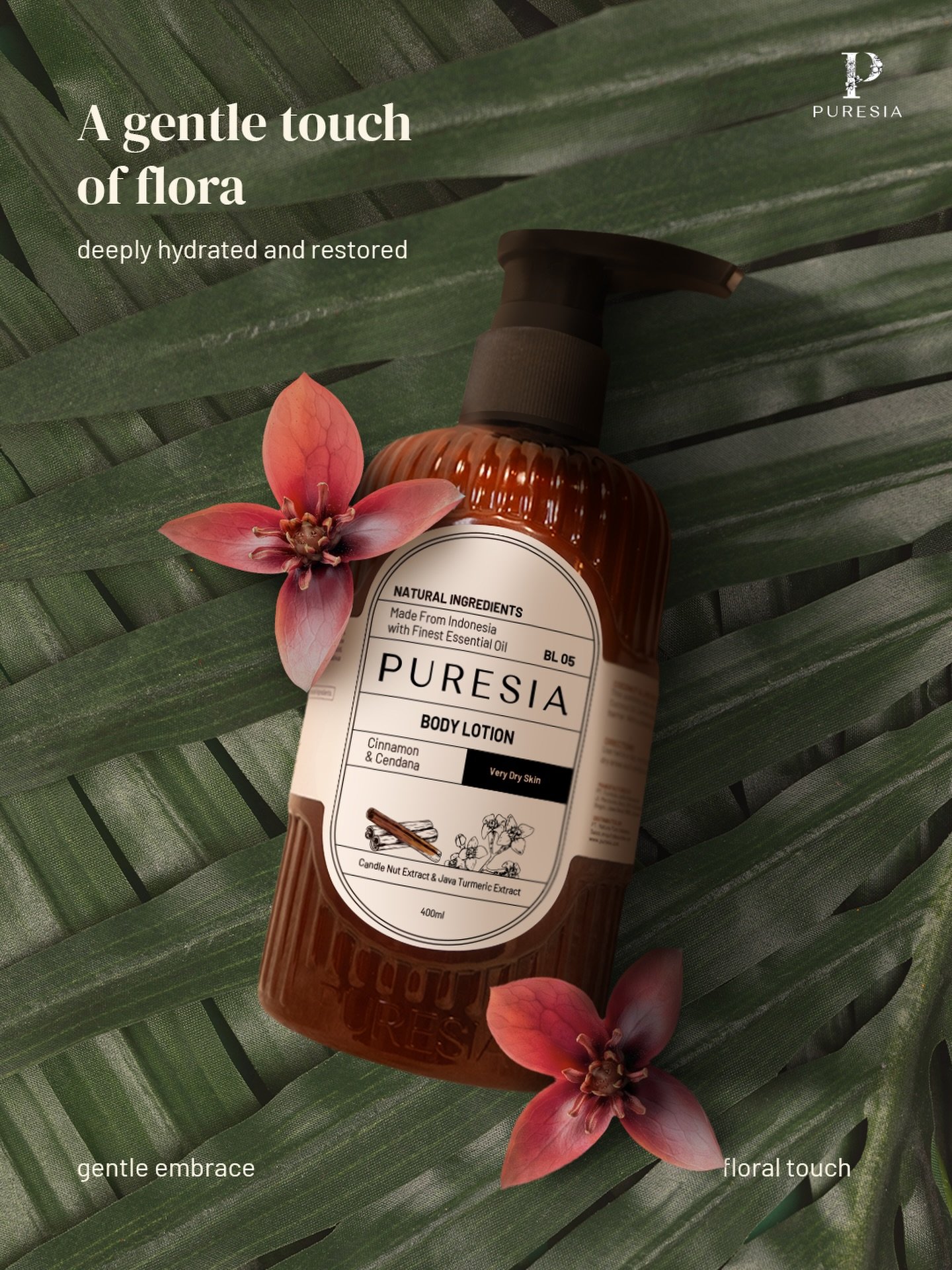 A gentle touch of flora to restore your skin’s natural radiance. Indulge in the rich blend of cinnamon, sandalwood, candle nut, and Java turmeric crafted to deeply hydrate and nourish very dry skin.Let nature embrace you daily 🌿✨ #bodycareroutine #bodylotion #puresia #naturalingredient